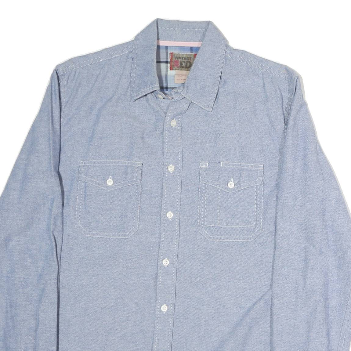 VINTAGE RED Mens Blue Cotton Shirt M Classic Long Sleeve Button Down Casual