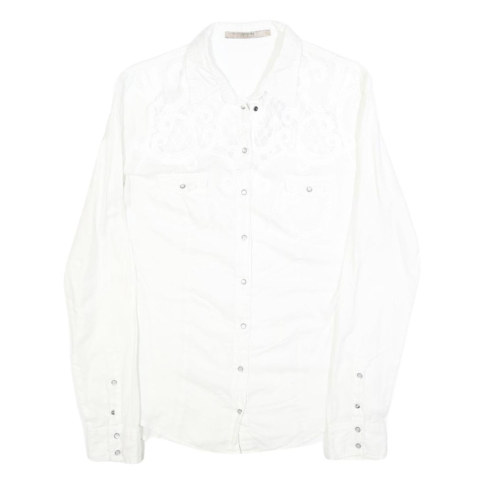 GUESS Womens White Embroidered Shirt Long Sleeve Collar M Elegant Top