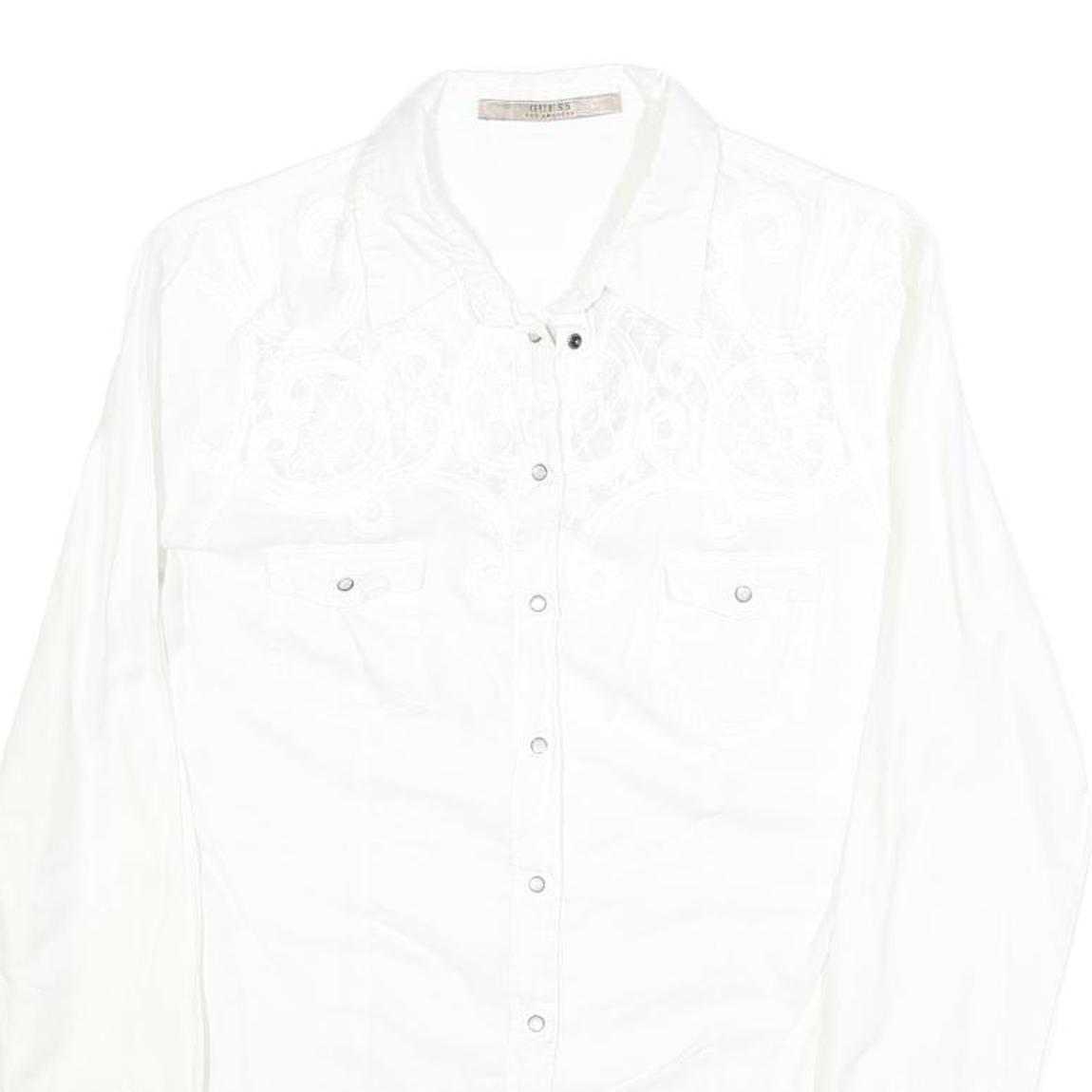 GUESS Womens White Embroidered Shirt Long Sleeve Collar M Elegant Top