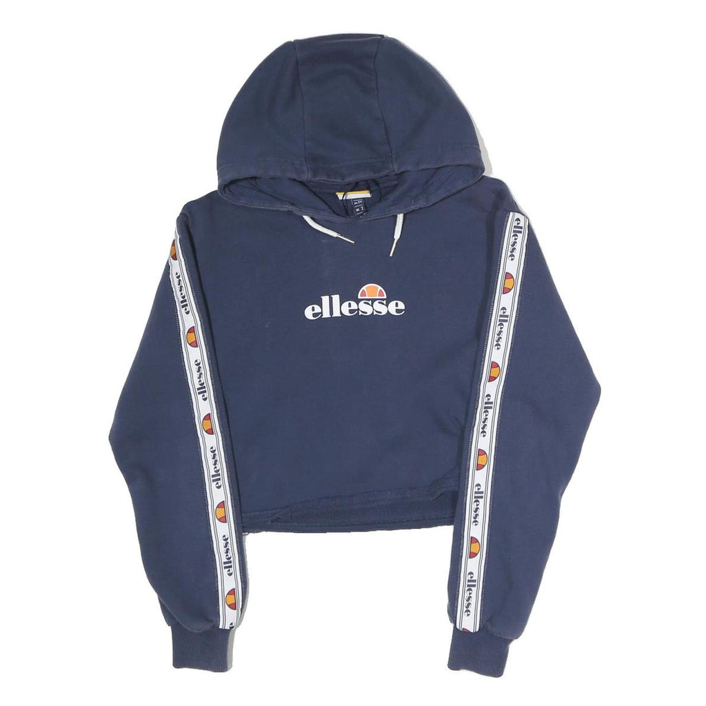 ELLESSE Womens Navy Blue Cropped Pullover Hoodie UK 6 Logo Tape Sleeves