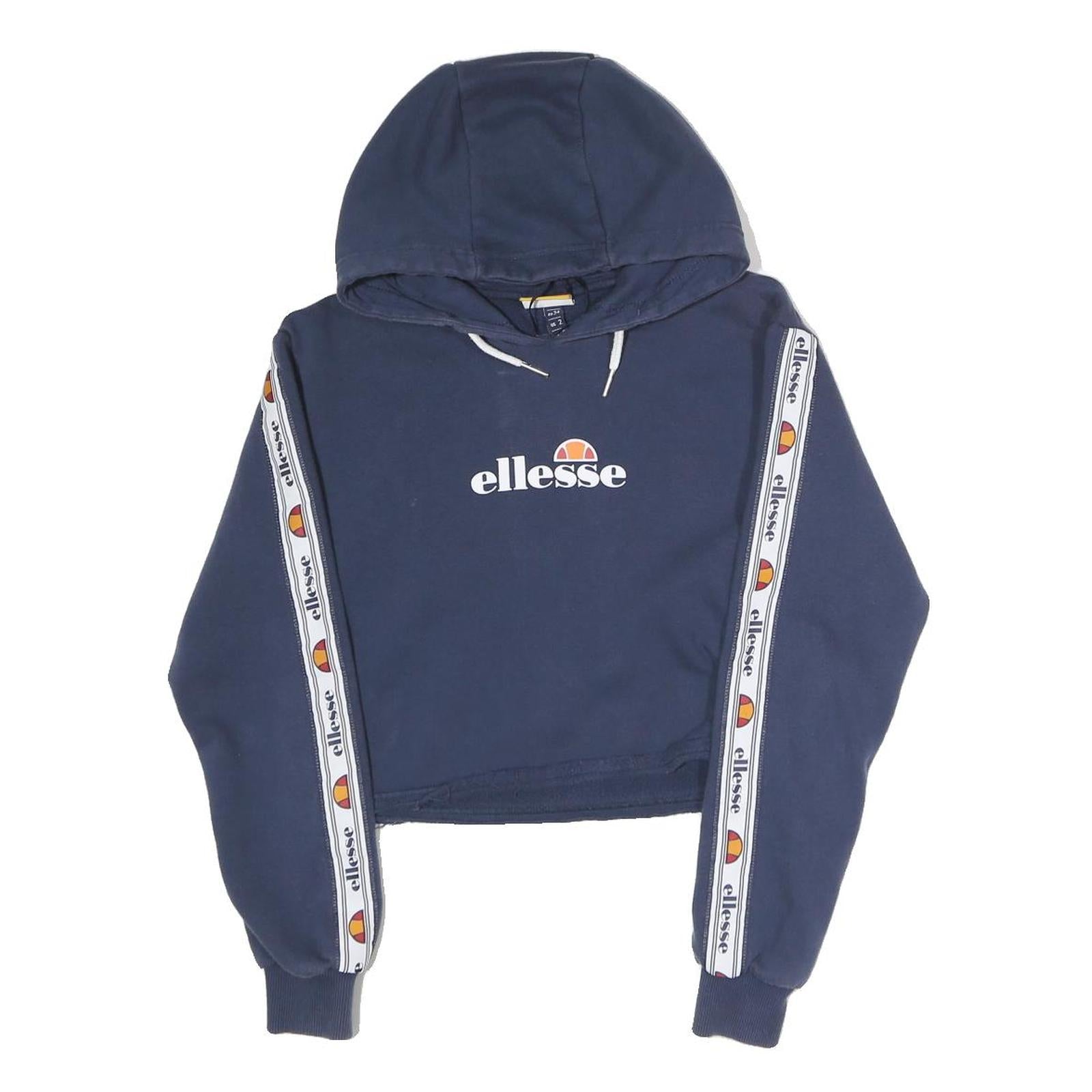 ELLESSE Womens Navy Blue Cropped Pullover Hoodie UK 6 Logo Tape Sleeves