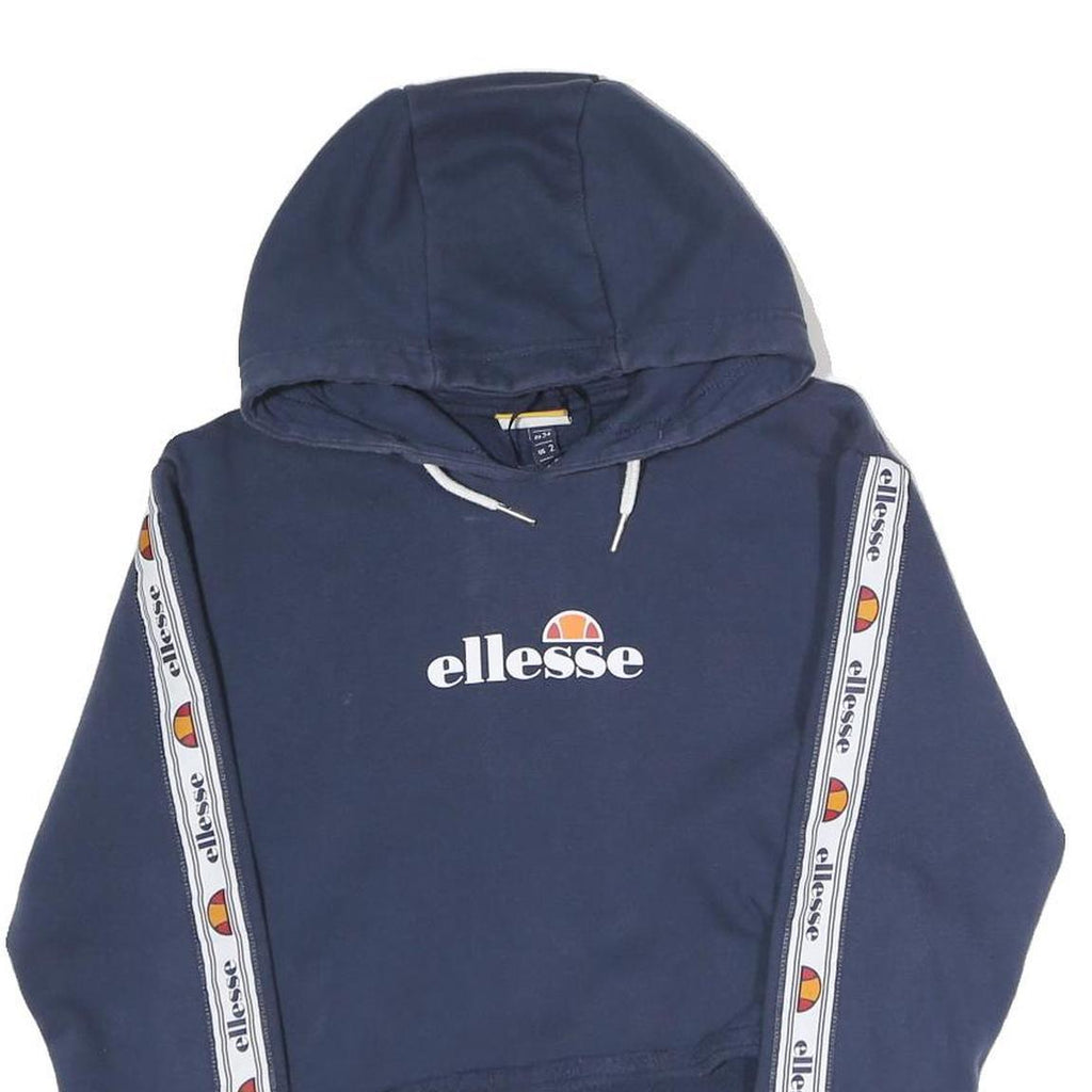 ELLESSE Womens Navy Blue Cropped Pullover Hoodie UK 6 Logo Tape Sleeves
