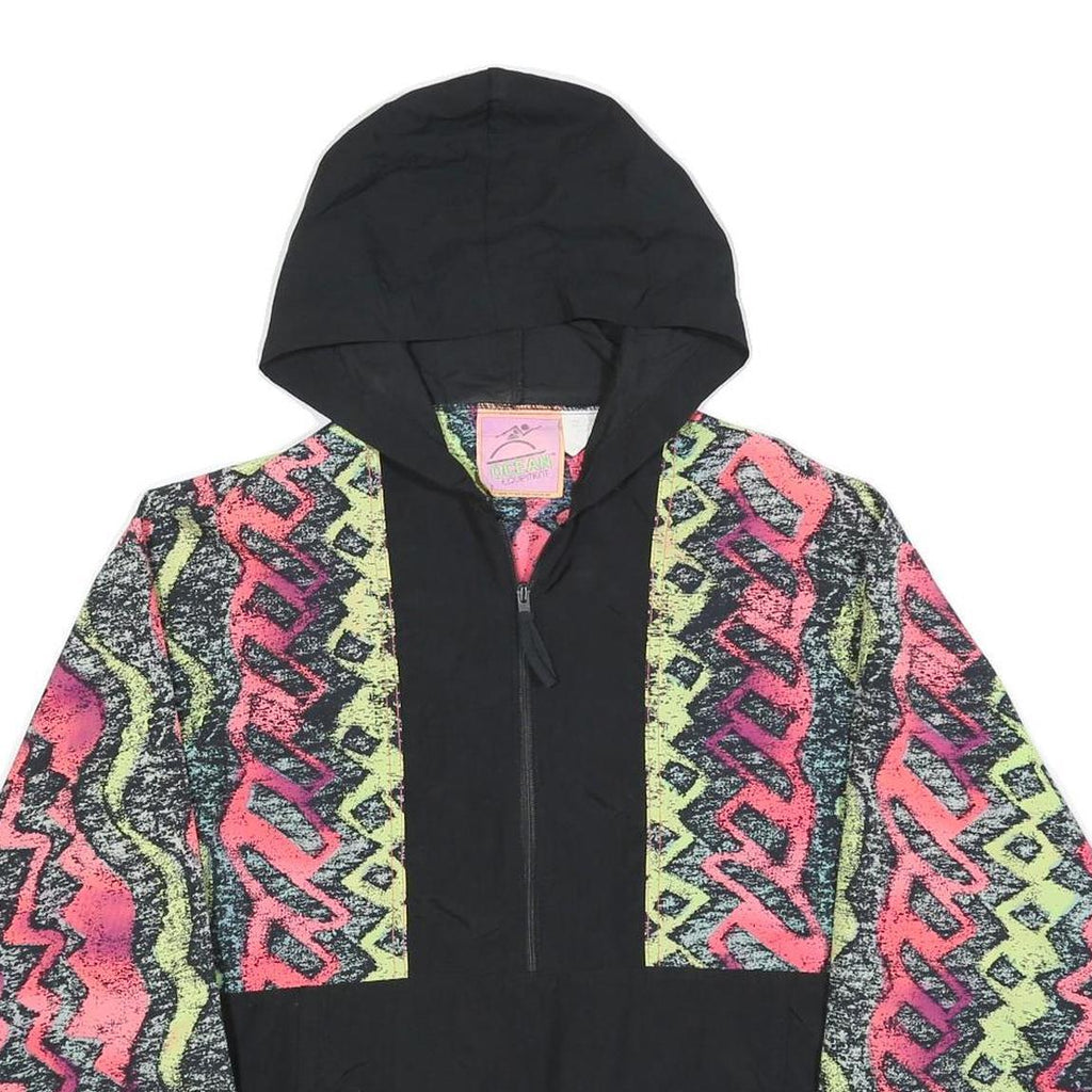 OCEAN EQUIPMENT Womens Black & Neon Zip Hooded Nylon Jacket XL Vibrant Pattern
