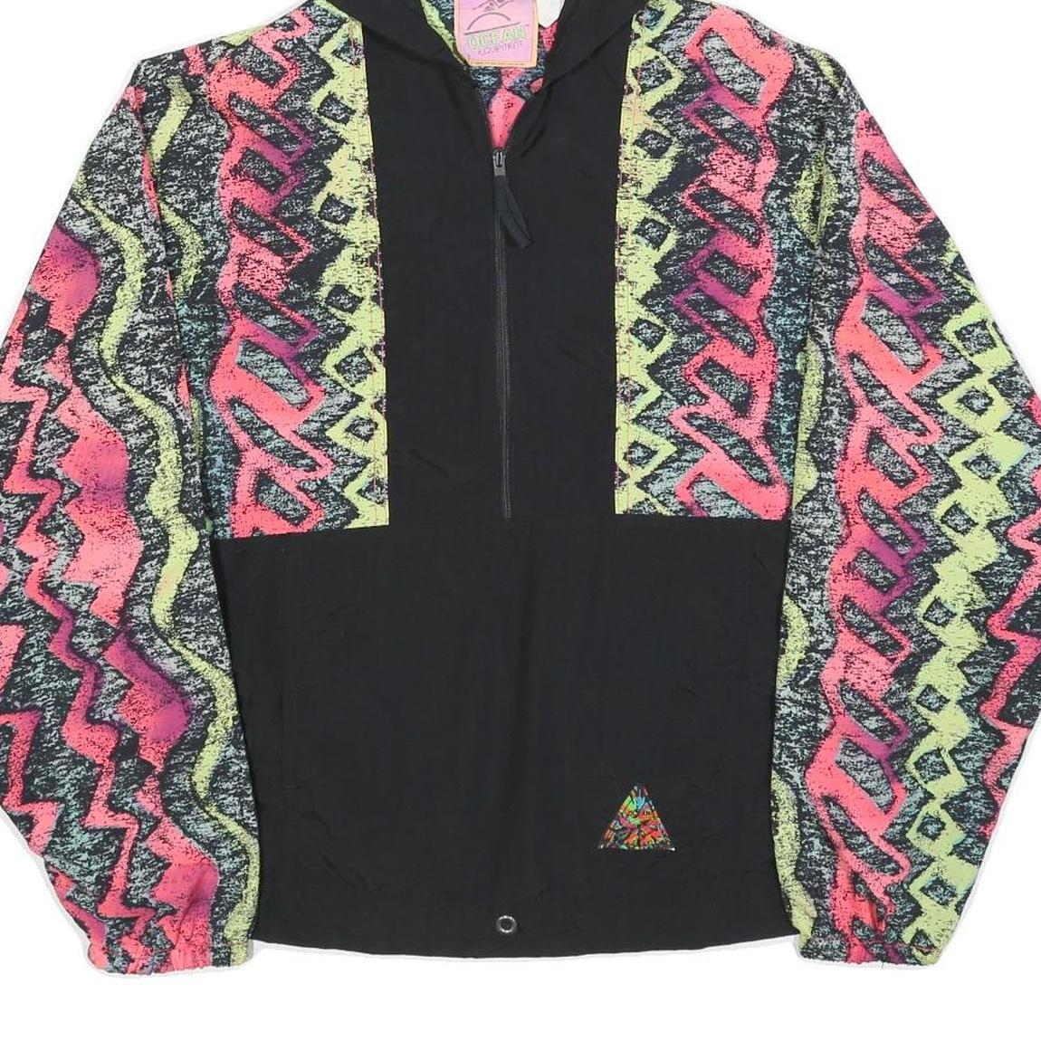 OCEAN EQUIPMENT Womens Black & Neon Zip Hooded Nylon Jacket XL Vibrant Pattern