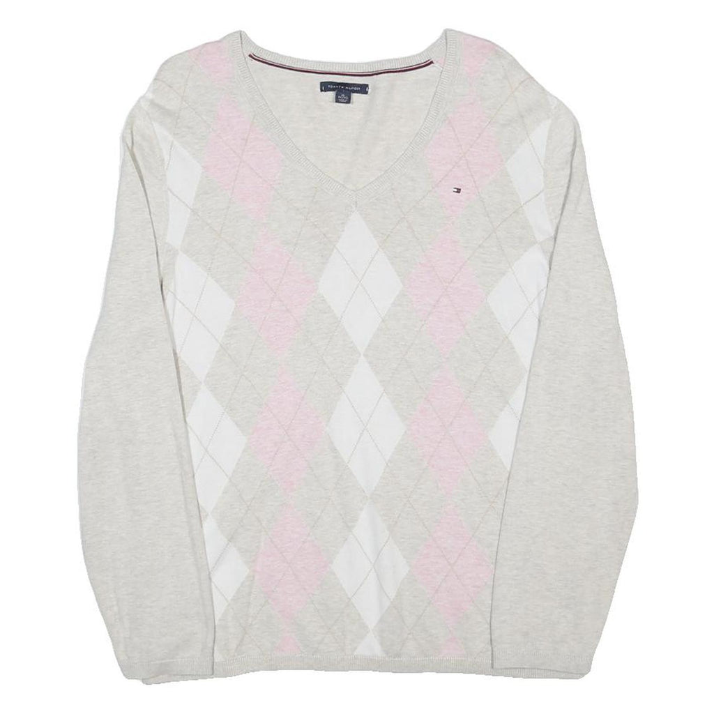 TOMMY HILFIGER Womens Cream & Pink Patterned V-Neck Basic Knit XL Jumper Cotton