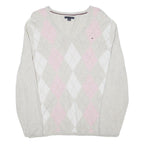 TOMMY HILFIGER Womens Cream & Pink Patterned V-Neck Basic Knit XL Jumper Cotton