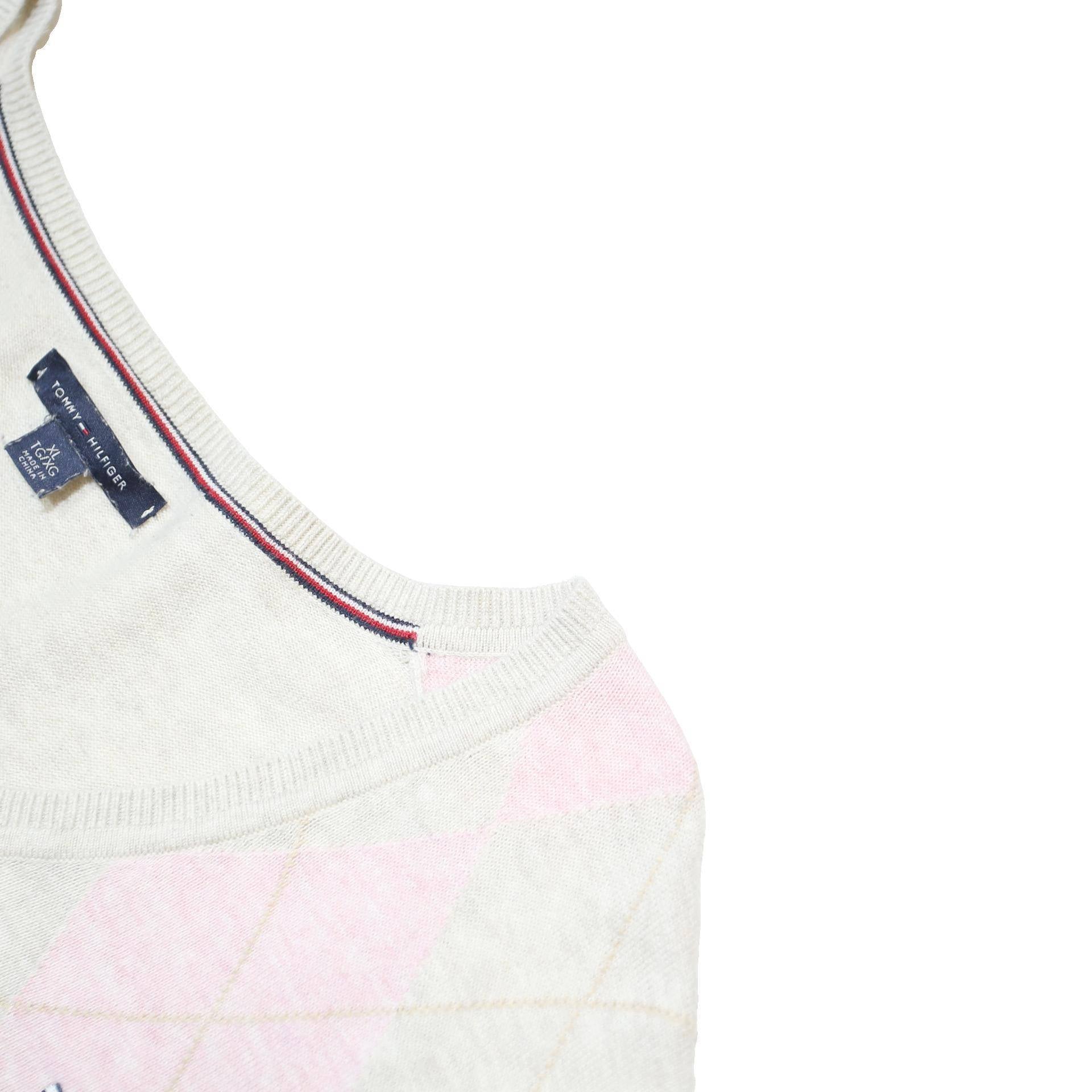 TOMMY HILFIGER Womens Cream & Pink Patterned V-Neck Basic Knit XL Jumper Cotton