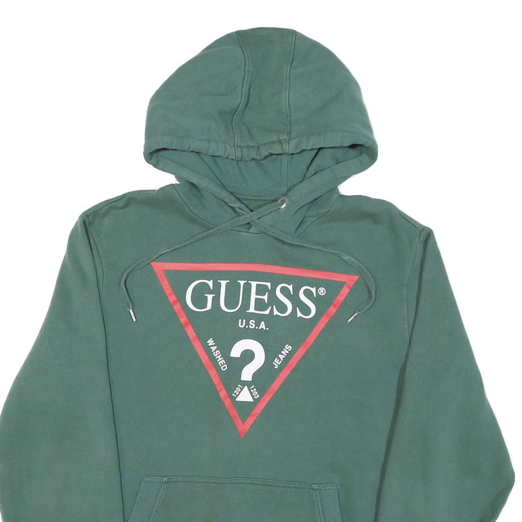 GUESS Mens Green Pullover Hoodie S Cotton Blend Logo Print