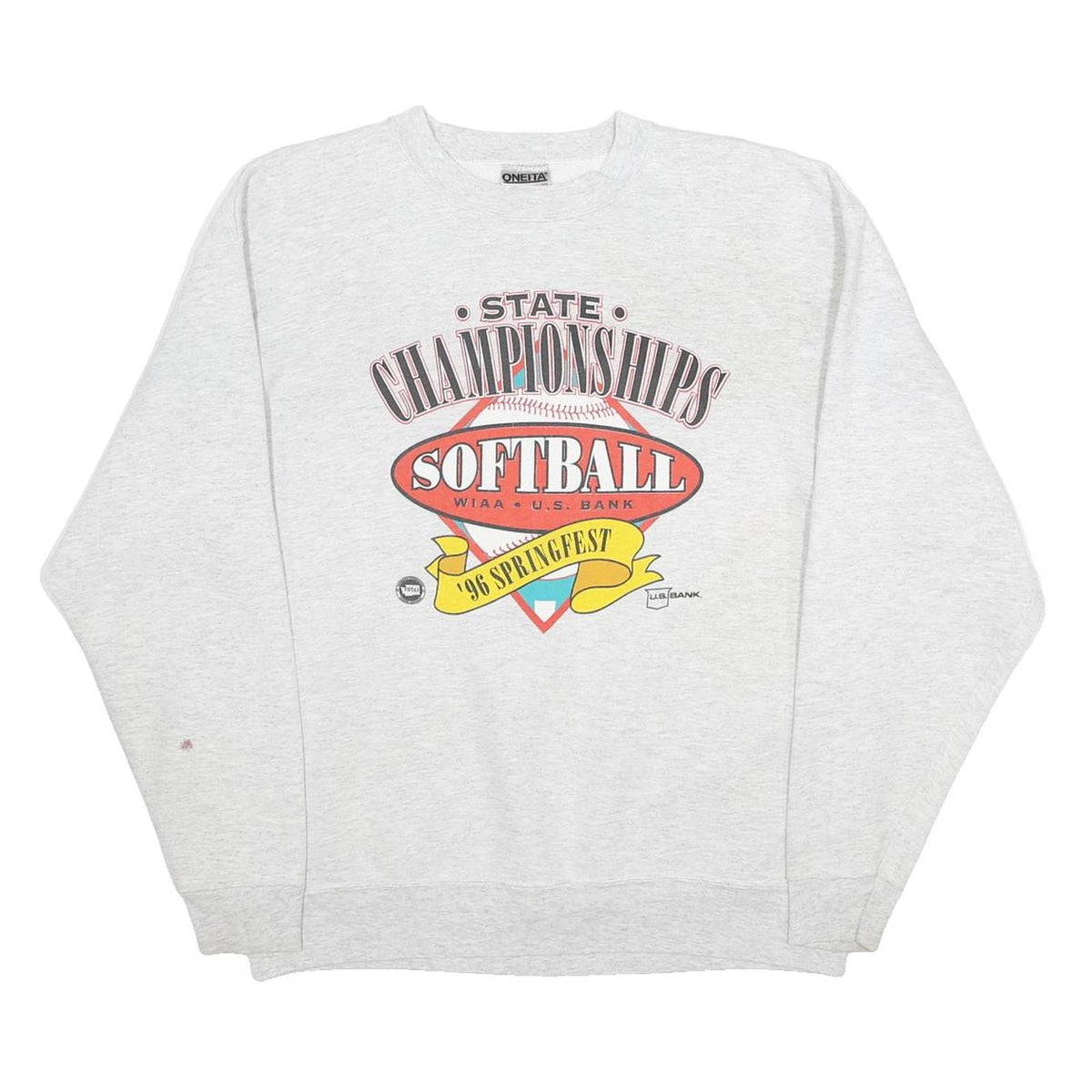 ONEITA Mens Grey State Championships Softball Crew Neck L Cotton Blend