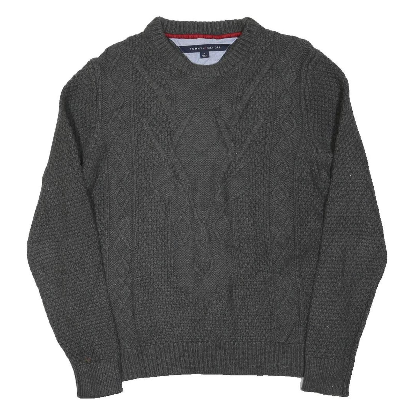 TOMMY HILFIGER Mens Grey Patterned Cotton Blend Cable Knit Jumper M Crew Neck