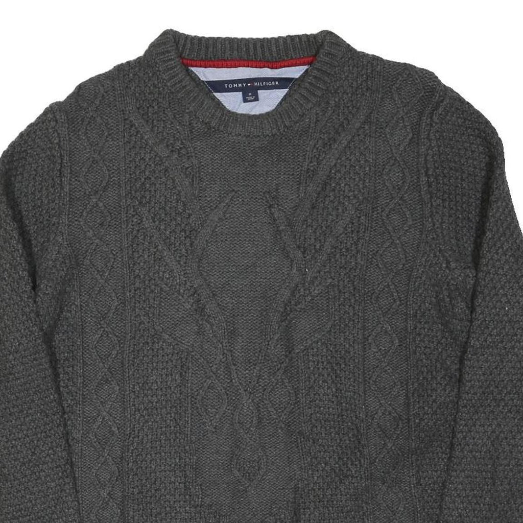 TOMMY HILFIGER Mens Grey Patterned Cotton Blend Cable Knit Jumper M Crew Neck