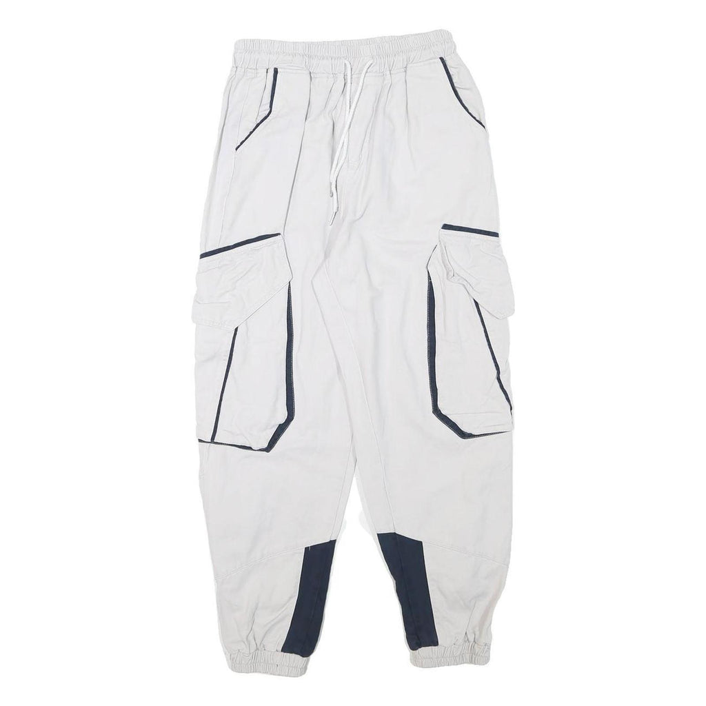 Mens White & Navy Relaxed Cargo Drawstring Cotton Blend Trousers W24 L25 Casual