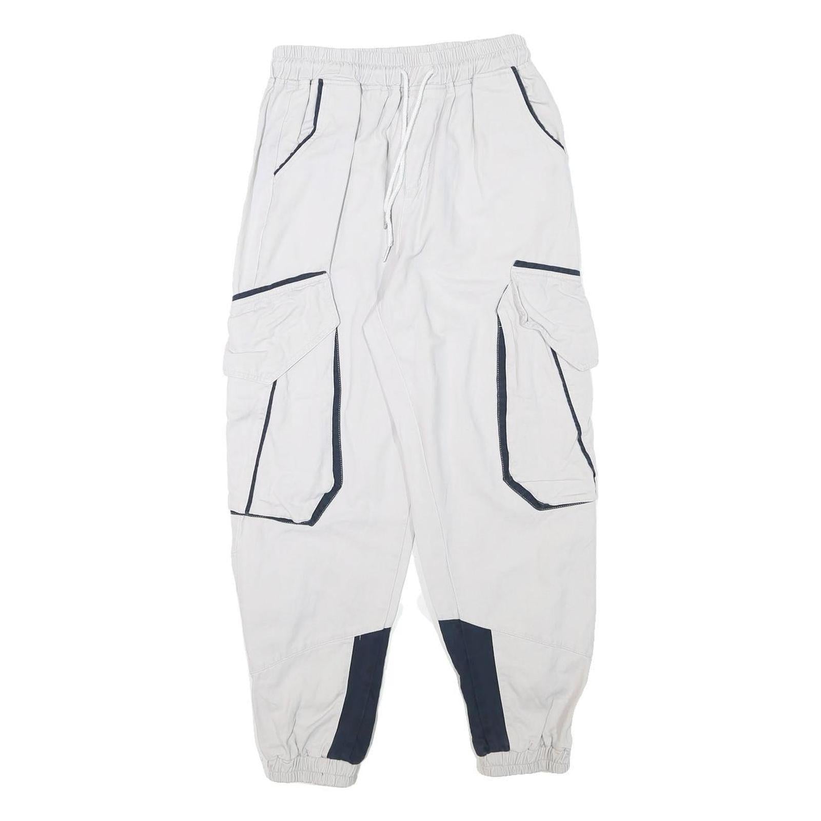 Mens White & Navy Relaxed Cargo Drawstring Cotton Blend Trousers W24 L25 Casual