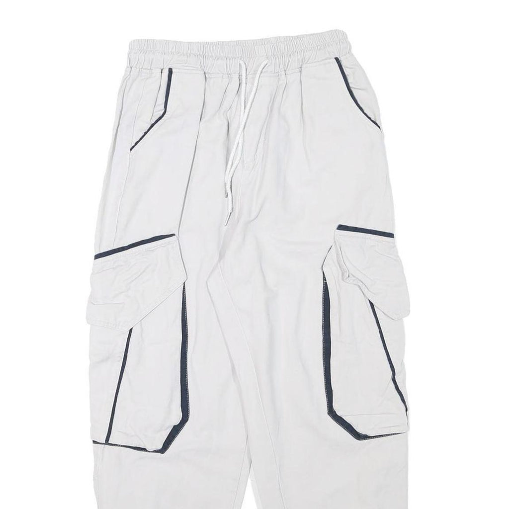 Mens White & Navy Relaxed Cargo Drawstring Cotton Blend Trousers W24 L25 Casual