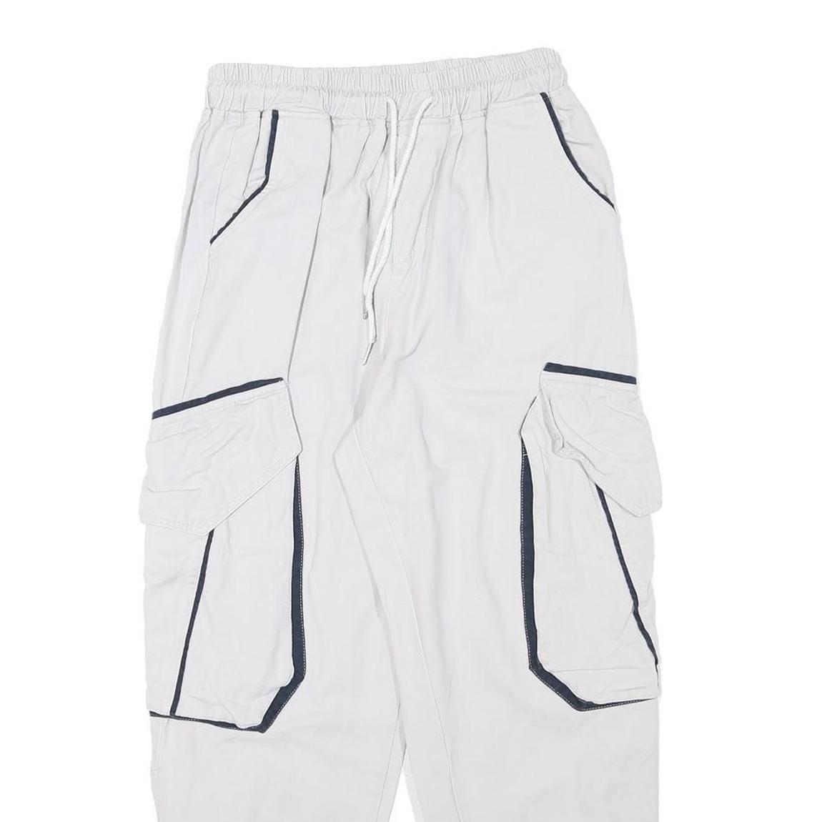Mens White & Navy Relaxed Cargo Drawstring Cotton Blend Trousers W24 L25 Casual