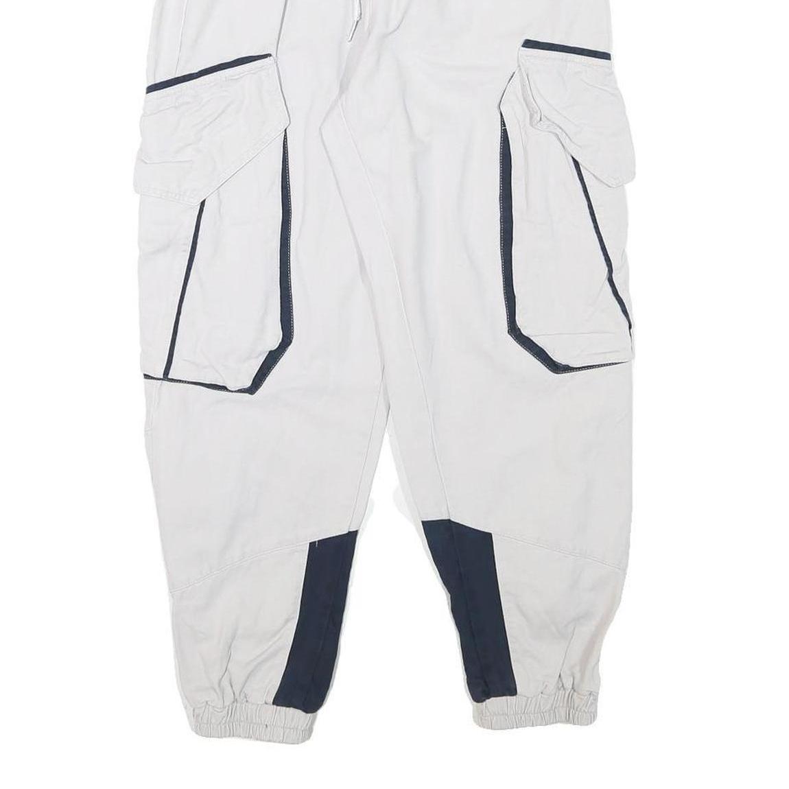 Mens White & Navy Relaxed Cargo Drawstring Cotton Blend Trousers W24 L25 Casual