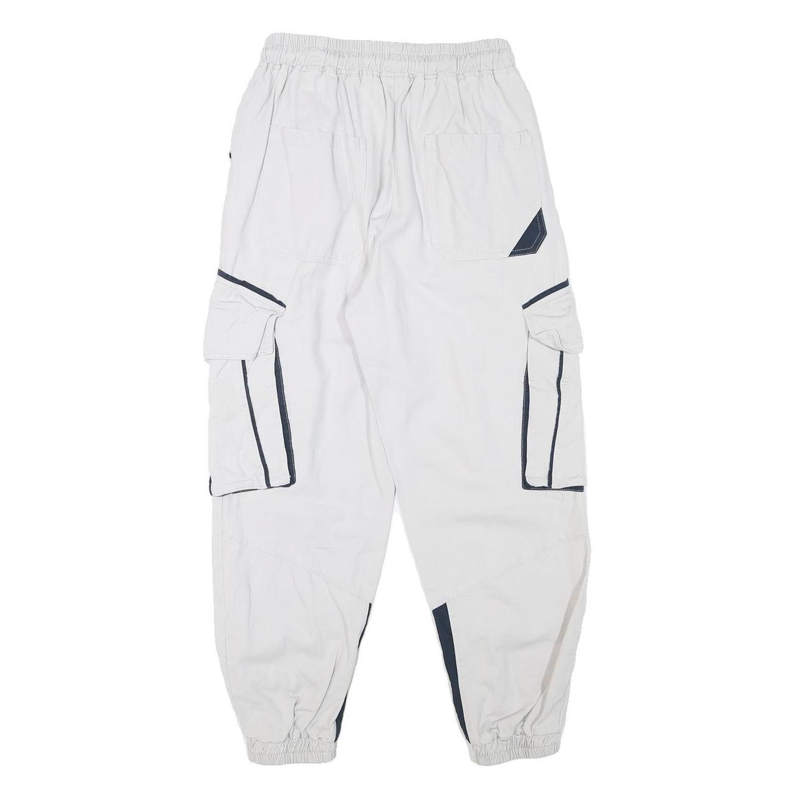 Mens White & Navy Relaxed Cargo Drawstring Cotton Blend Trousers W24 L25 Casual