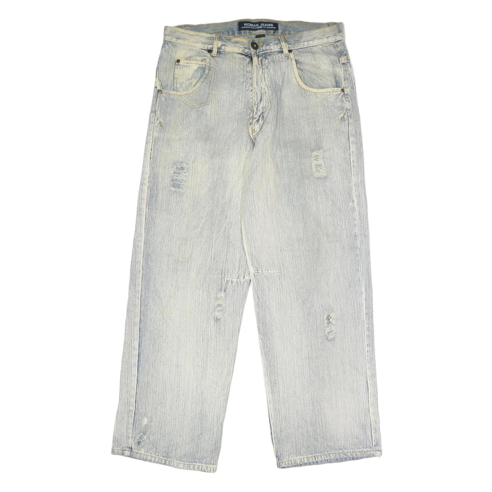 KOMAN JEANS Mens Blue Cotton Regular Straight Denim Light W34 L30 Distressed