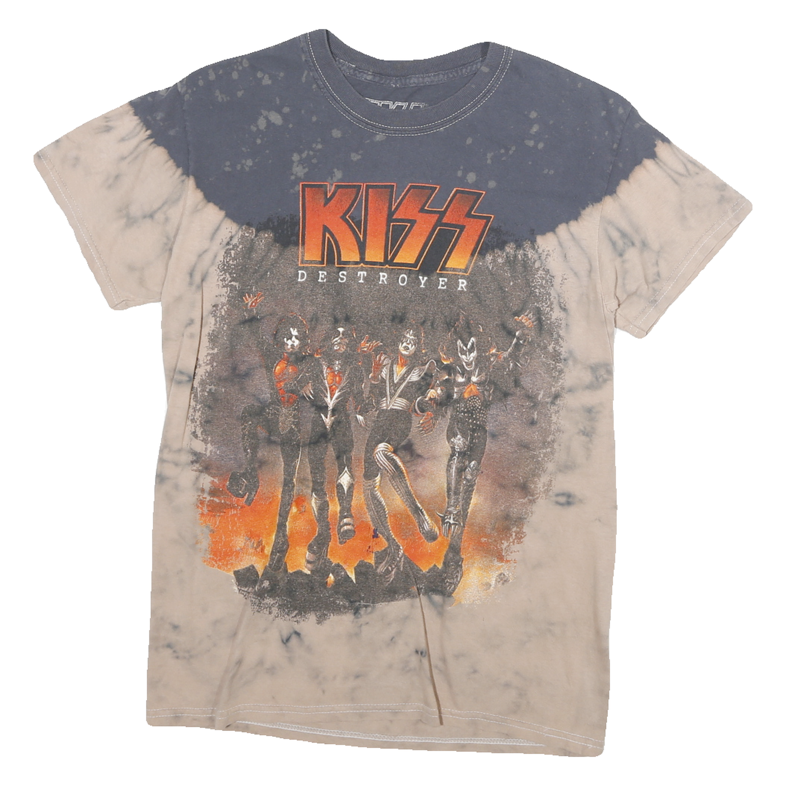 KISS Mens Beige & Grey Destroyer Graphic T-Shirt S Short Sleeve Crew Neck Rock