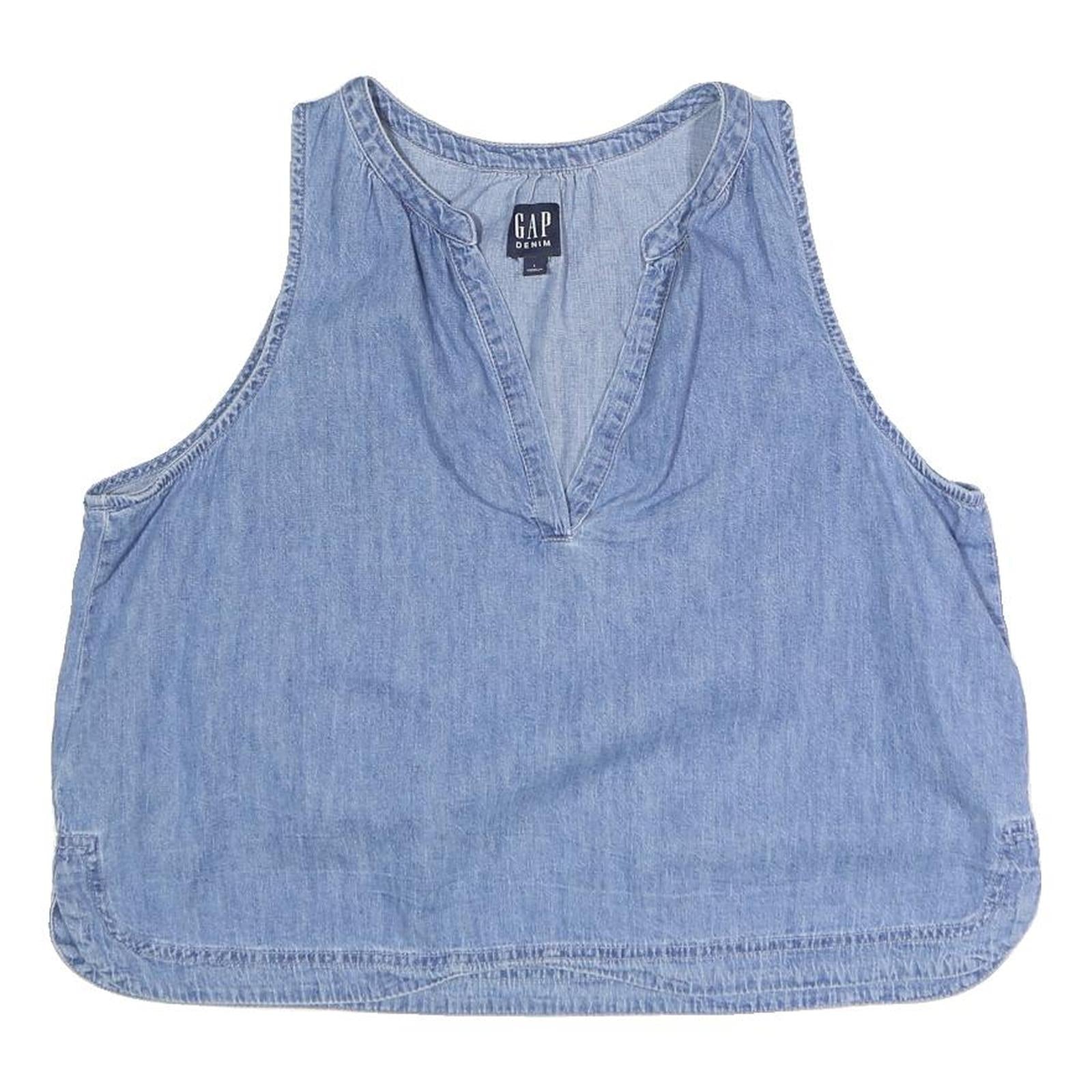 GAP Womens Blue Sleeveless V-Neck Cotton Blend Top L Casual Summer Shirt