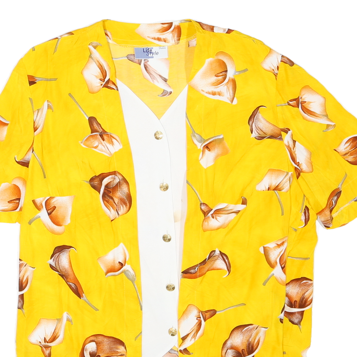 LIFE STYLE Womens Yellow & Brown Printed Vintage Button Shirt Short Sleeve L