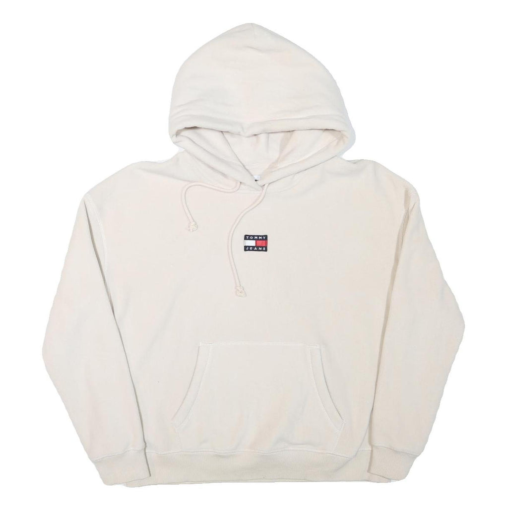 TOMMY HILFIGER Womens Cream Hoodie L Tommy Jeans Logo Pullover Drawstring