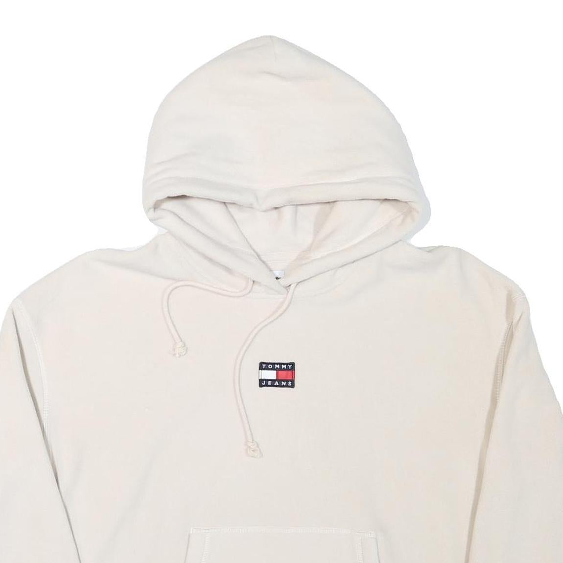 TOMMY HILFIGER Womens Cream Hoodie L Tommy Jeans Logo Pullover Drawstring