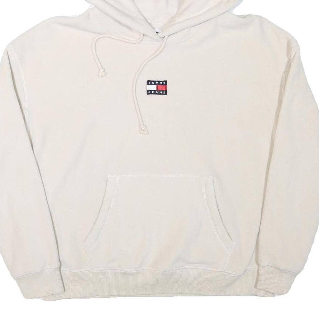 TOMMY HILFIGER Womens Cream Hoodie L Tommy Jeans Logo Pullover Drawstring