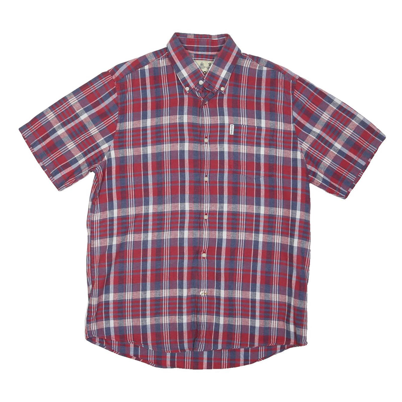 BARBOUR Mens Red & Blue Check Shirt M Cotton Blend Button Collar Short Sleeve