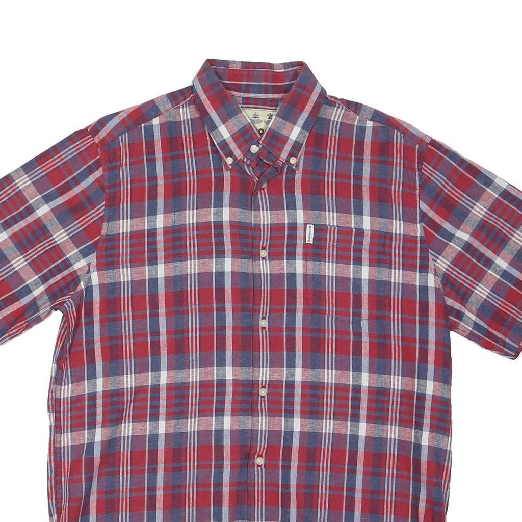 BARBOUR Mens Red & Blue Check Shirt M Cotton Blend Button Collar Short Sleeve