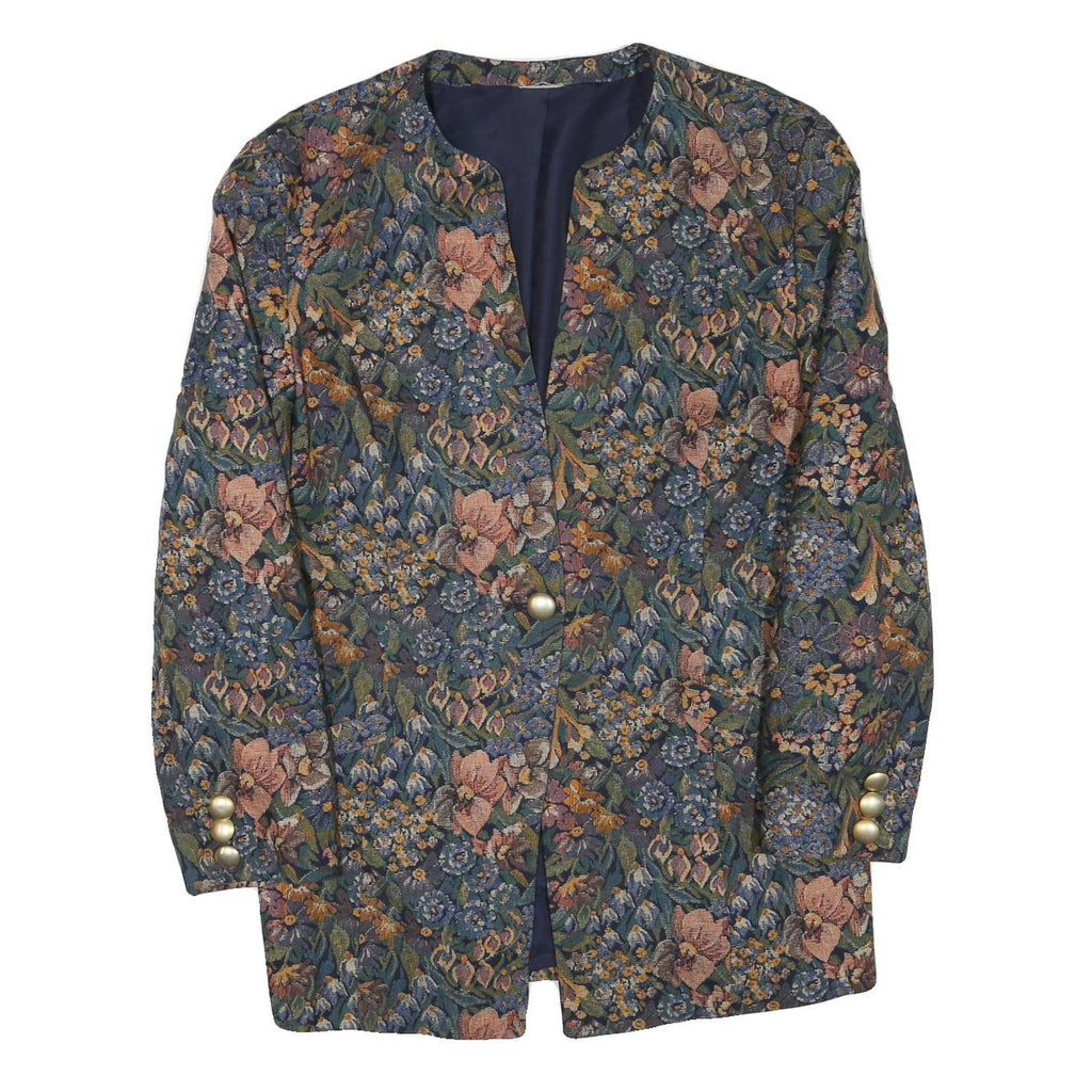 Womens Blue Floral Cotton Blend Button Jacket XL Woven Elegant Vintage Style