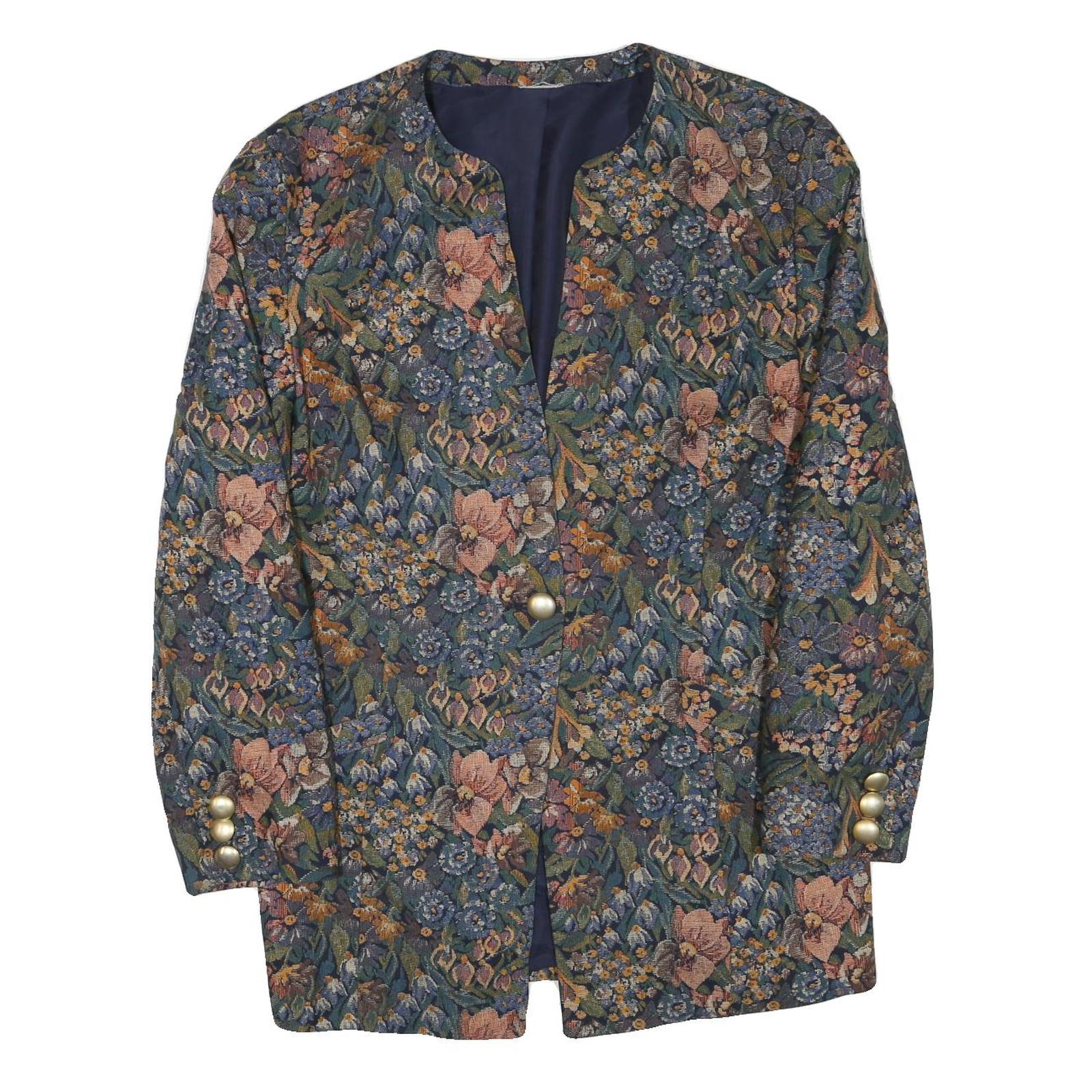 Womens Blue Floral Cotton Blend Button Jacket XL Woven Elegant Vintage Style