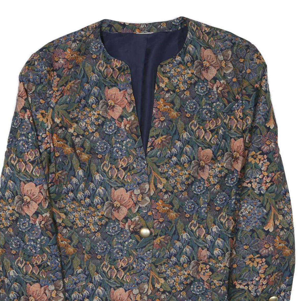 Womens Blue Floral Cotton Blend Button Jacket XL Woven Elegant Vintage Style