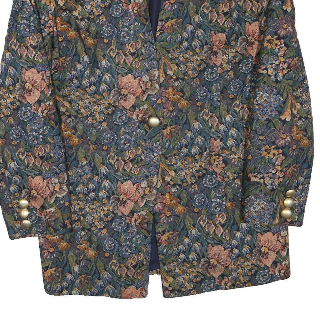 Womens Blue Floral Cotton Blend Button Jacket XL Woven Elegant Vintage Style