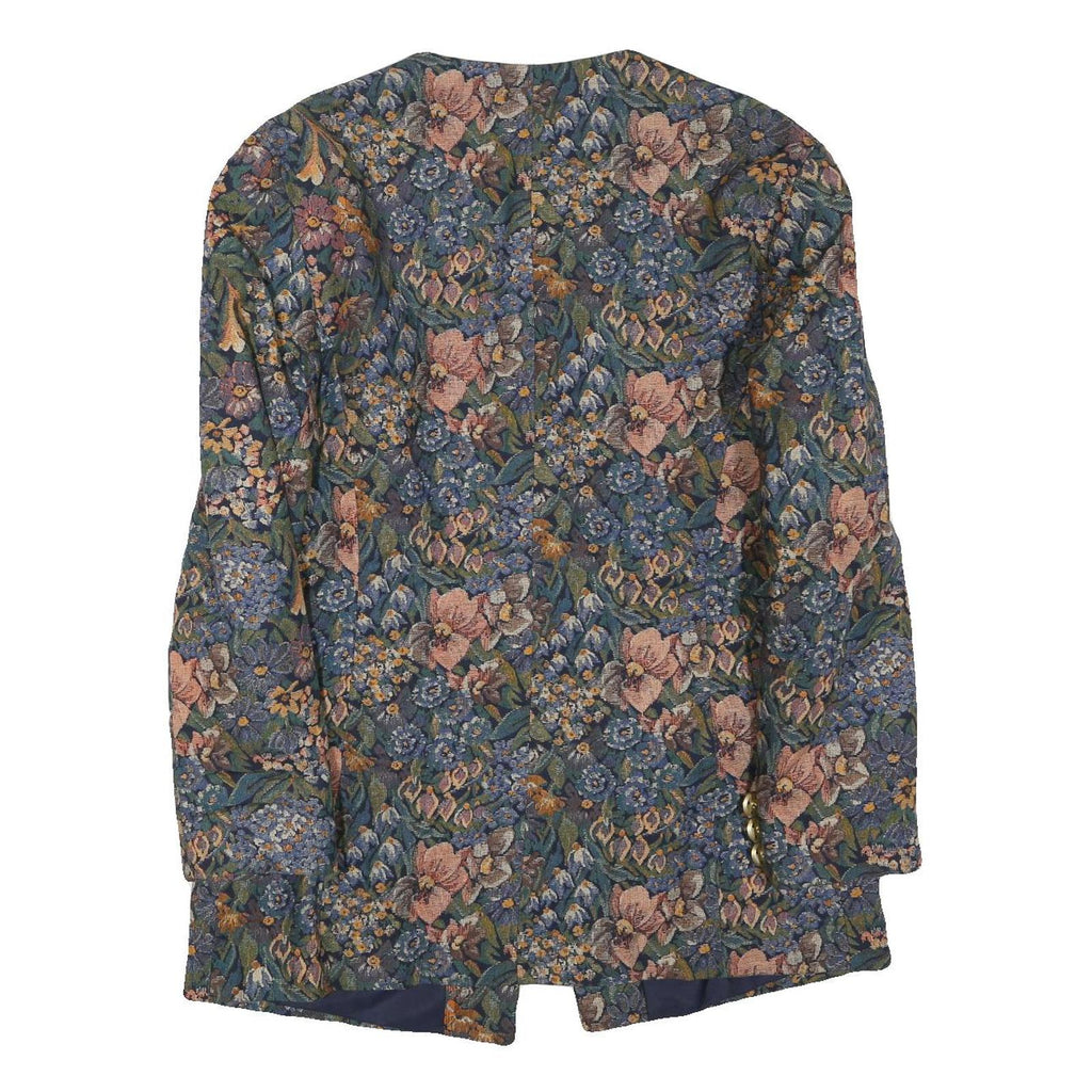 Womens Blue Floral Cotton Blend Button Jacket XL Woven Elegant Vintage Style