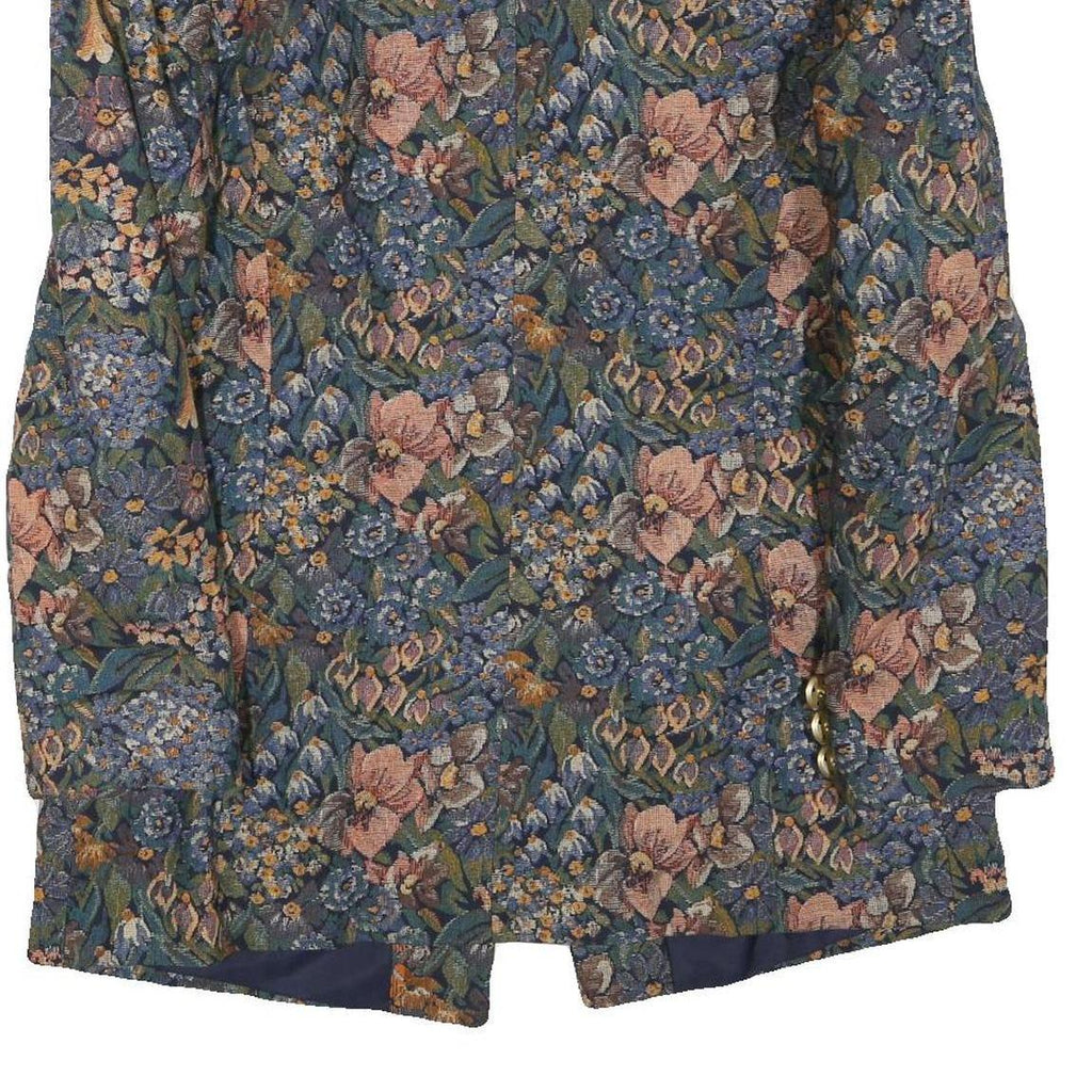 Womens Blue Floral Cotton Blend Button Jacket XL Woven Elegant Vintage Style