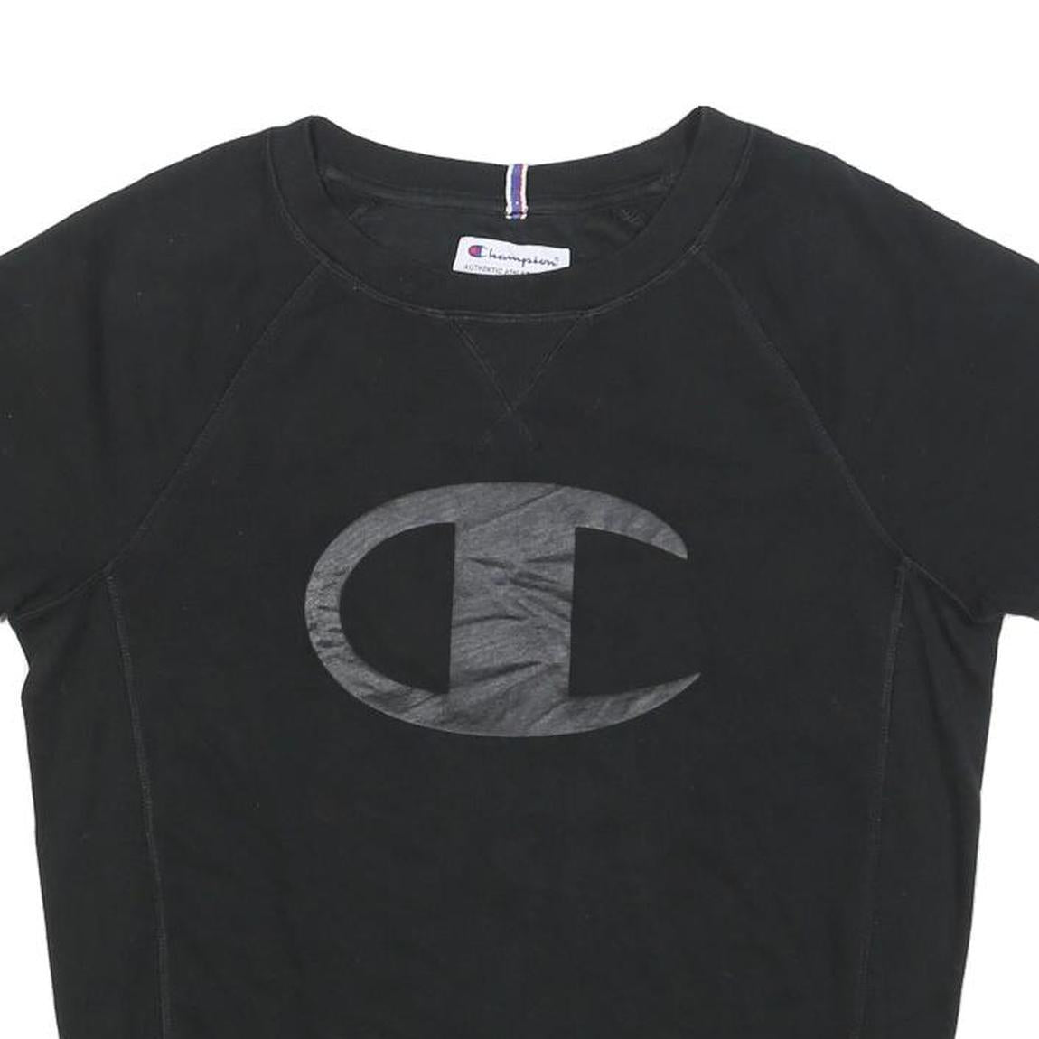 CHAMPION Womens Black Short Sleeve Crew Neck S Cotton Blend Logo Sweatshirt