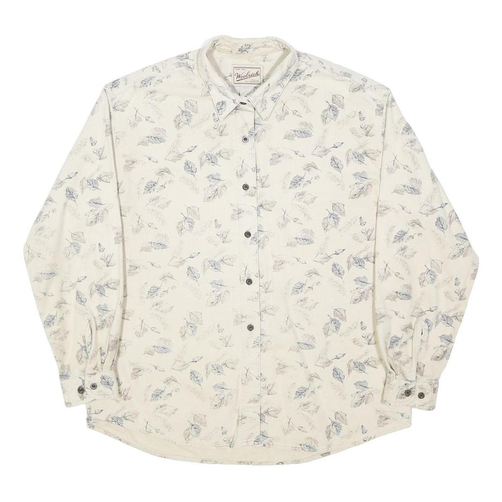 WOOLRICH Womens Cream & Blue Leaf Pattern Shirt L Cotton Casual Long Sleeve