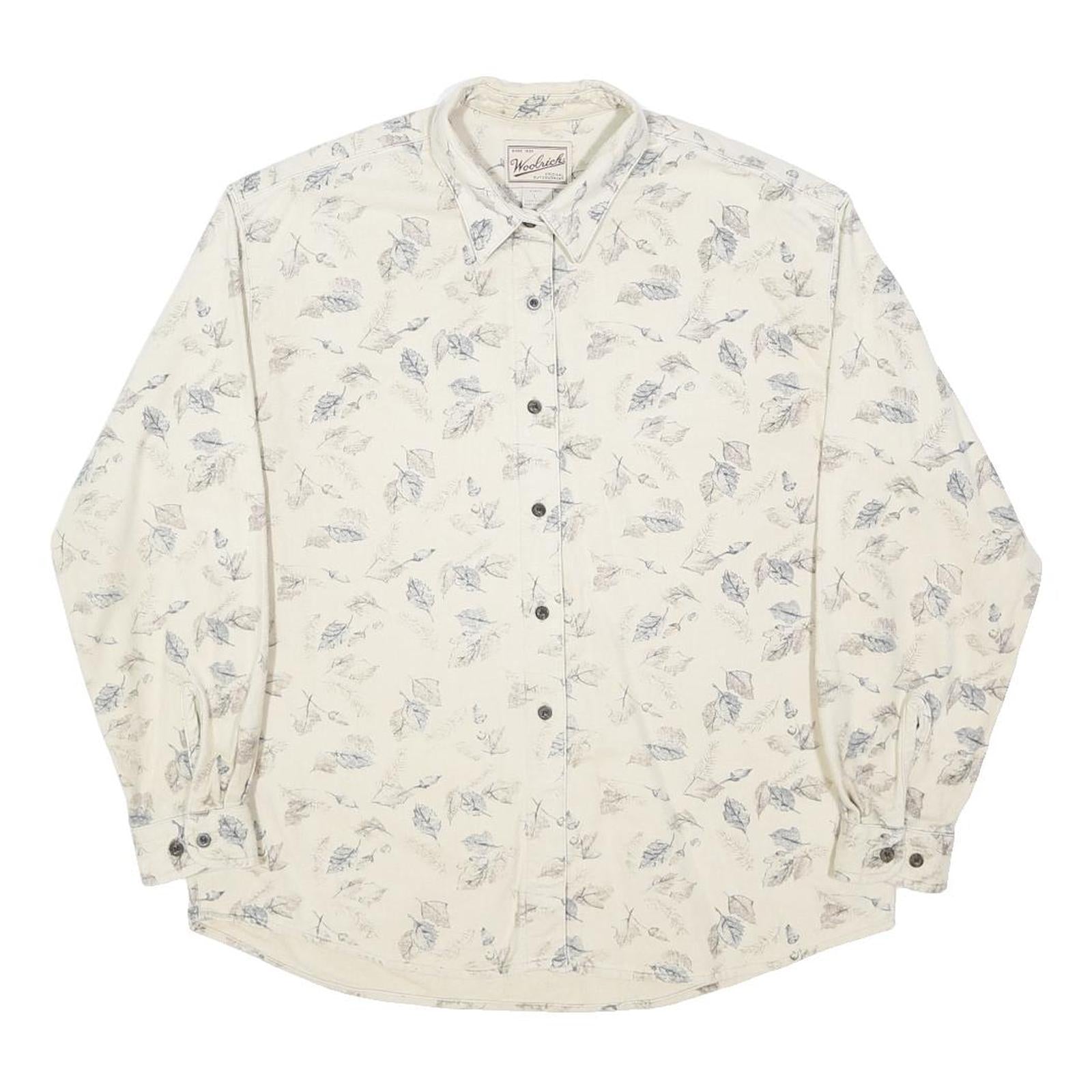 WOOLRICH Womens Cream & Blue Leaf Pattern Shirt L Cotton Casual Long Sleeve