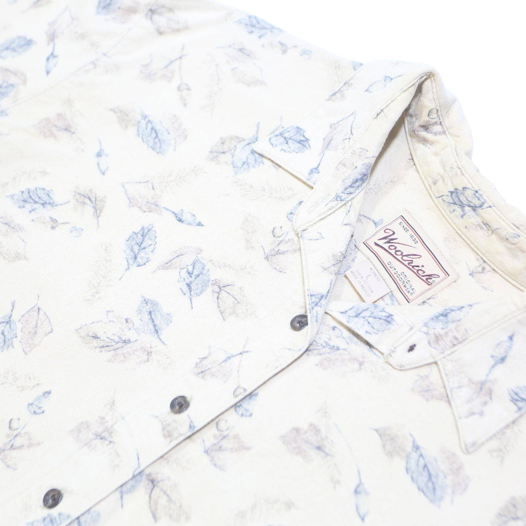 WOOLRICH Womens Cream & Blue Leaf Pattern Shirt L Cotton Casual Long Sleeve