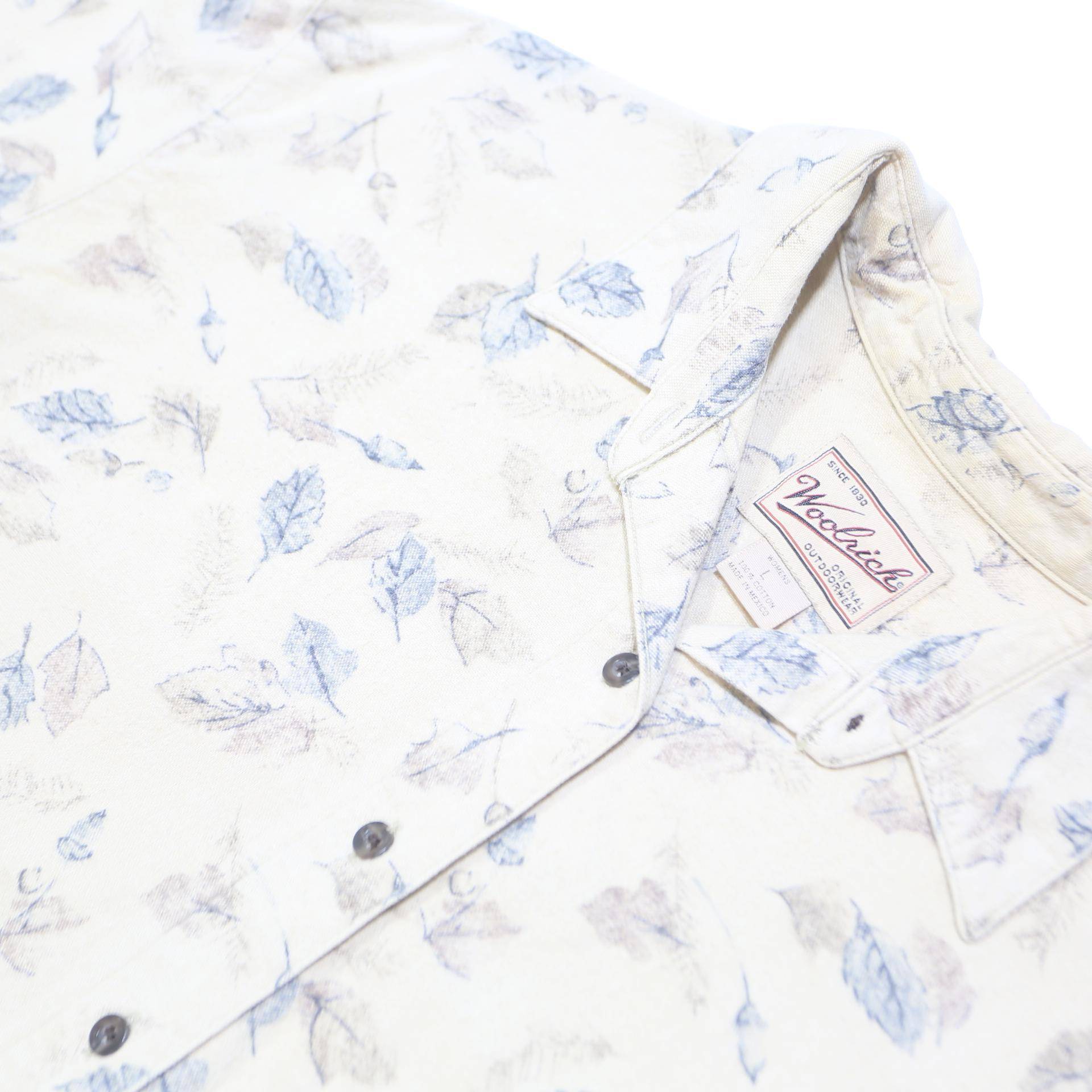 WOOLRICH Womens Cream & Blue Leaf Pattern Shirt L Cotton Casual Long Sleeve