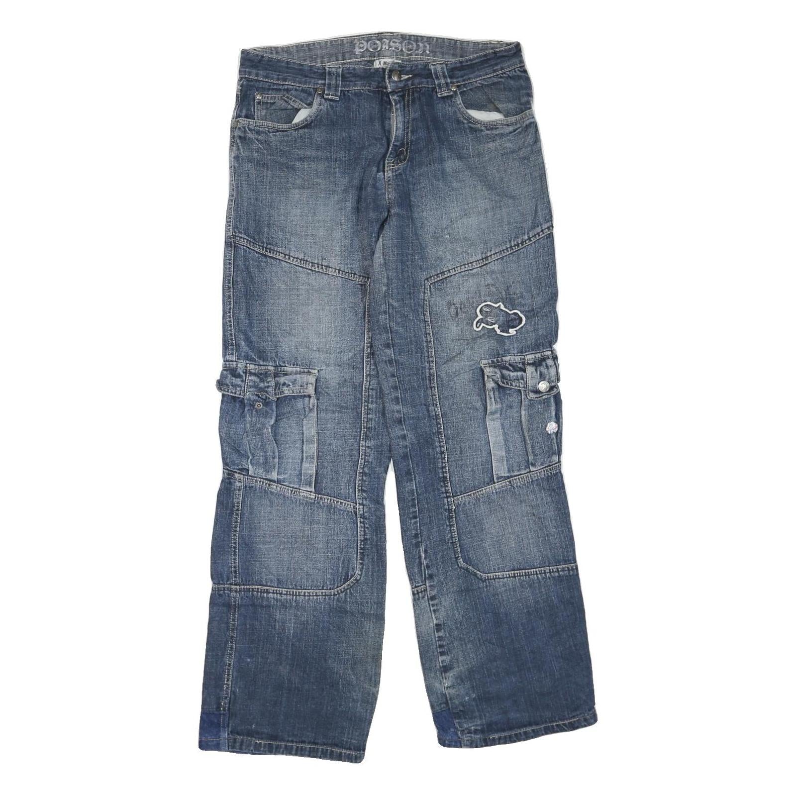 X-MAIL Womens Blue Regular Fit Denim Jeans W32 L32 Patchwork Cargo Pockets