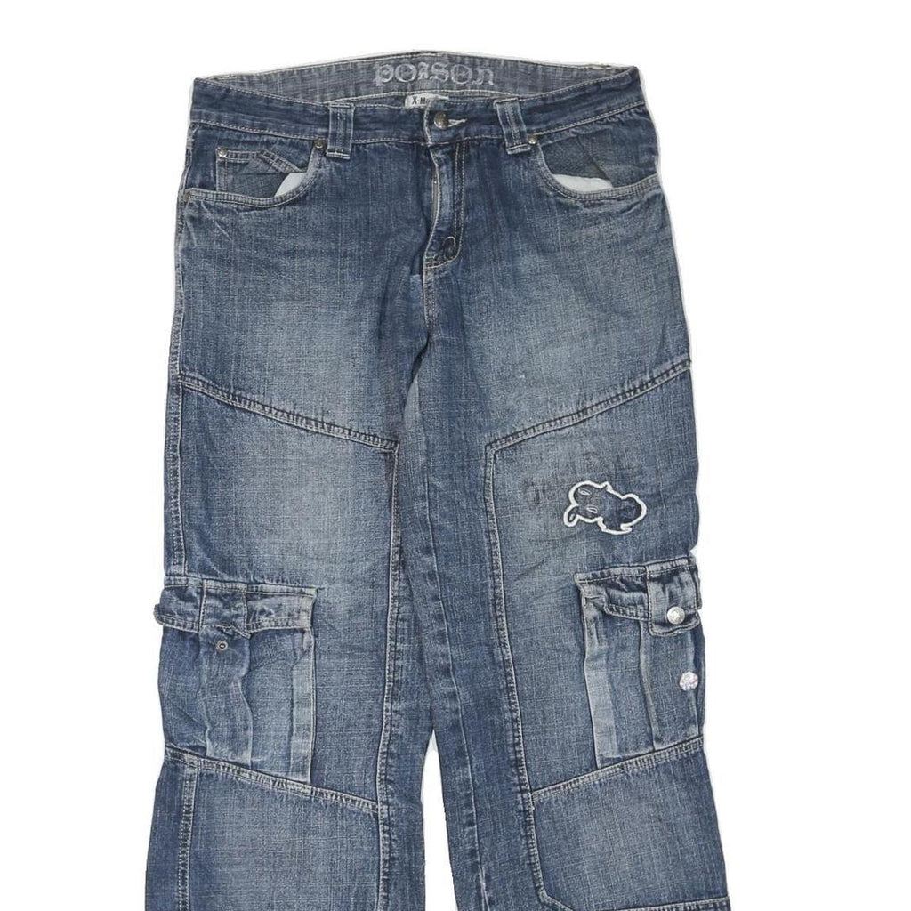 X-MAIL Womens Blue Regular Fit Denim Jeans W32 L32 Patchwork Cargo Pockets