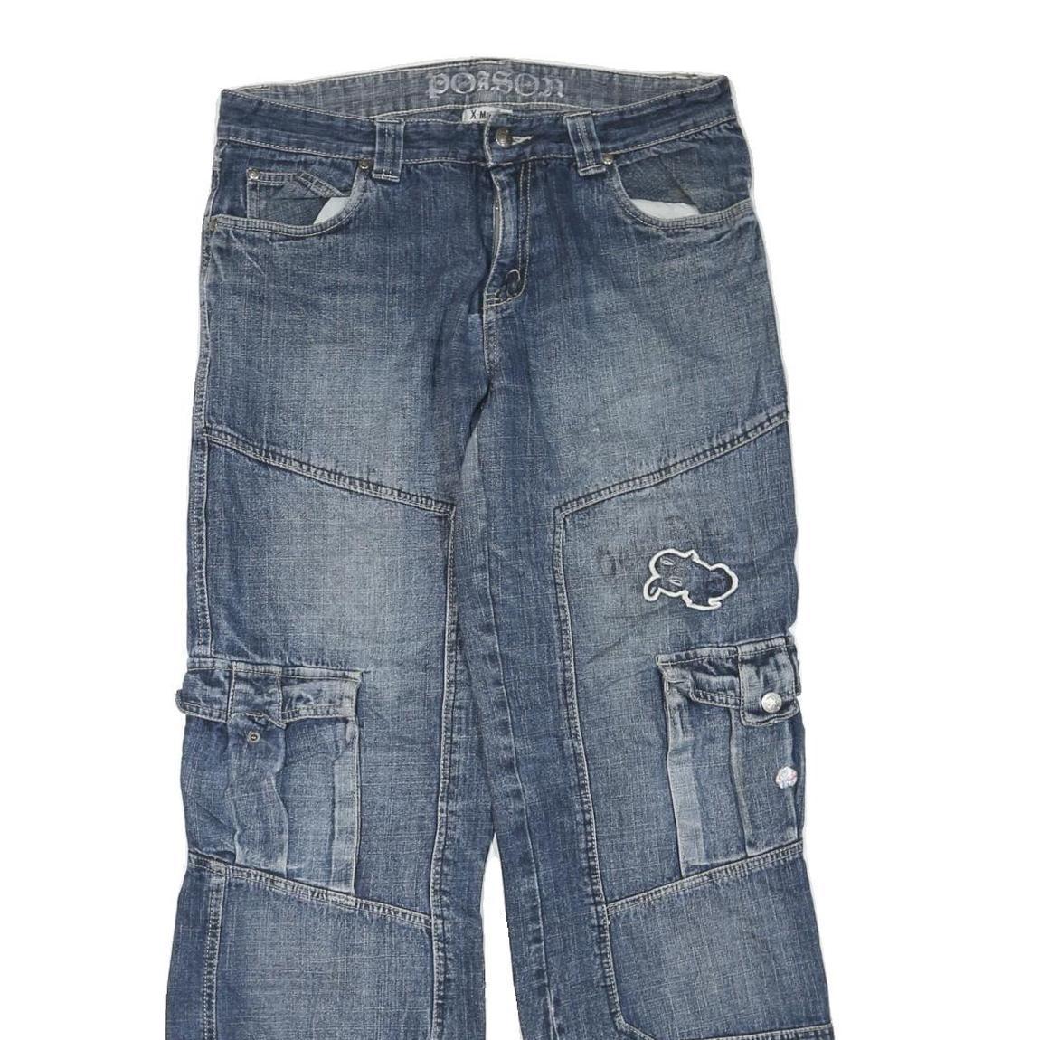 X-MAIL Womens Blue Regular Fit Denim Jeans W32 L32 Patchwork Cargo Pockets