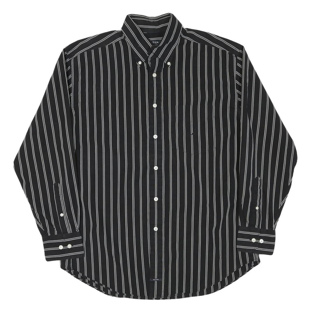 NAUTICA Mens Black & White Striped Shirt L Button Down Cotton Blend Classic Fit