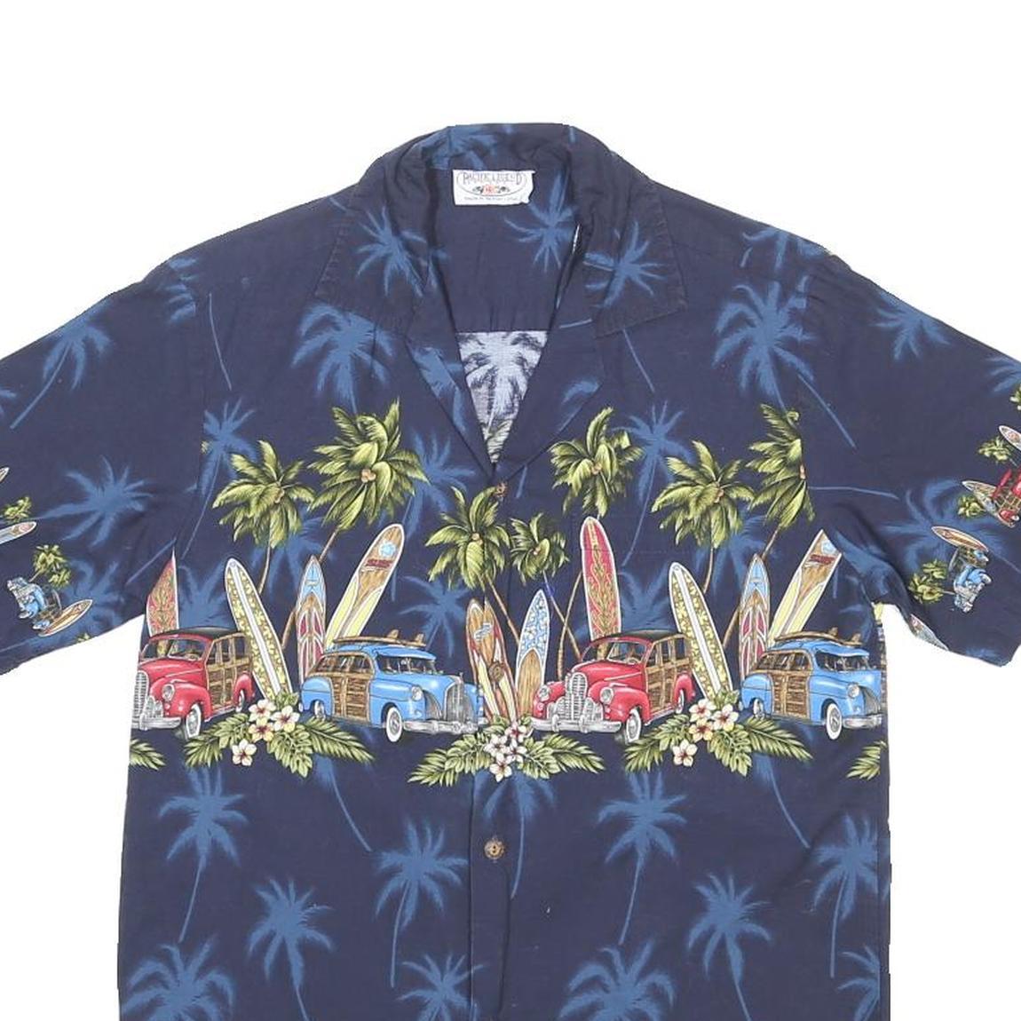 PACIFIC LEGEND Mens Blue Hawaiian Shirt S Surfboards Palm Trees Summer
