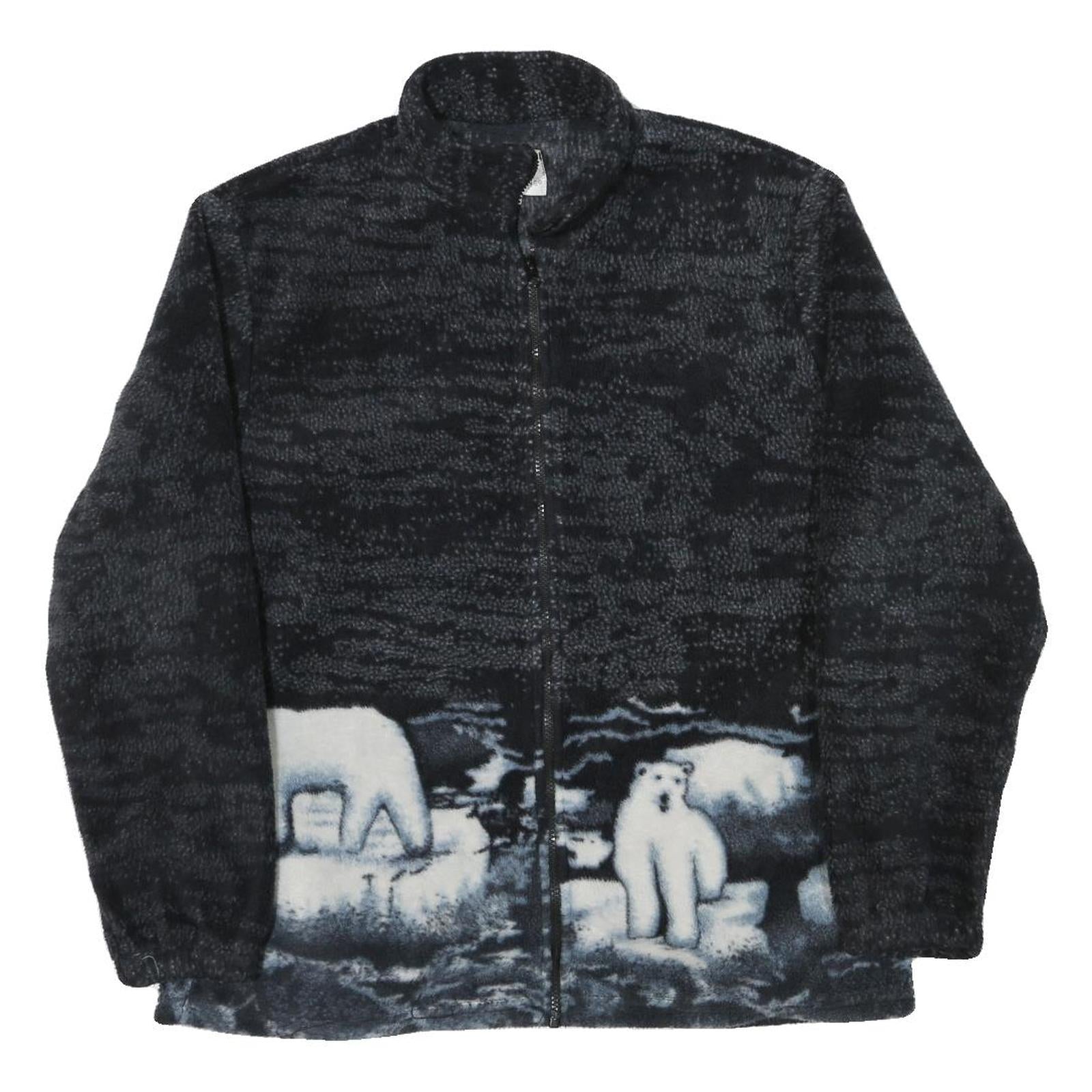 Womens Black Polar Bear Print Polyester Blend Jacket L Zip Fleece Winter