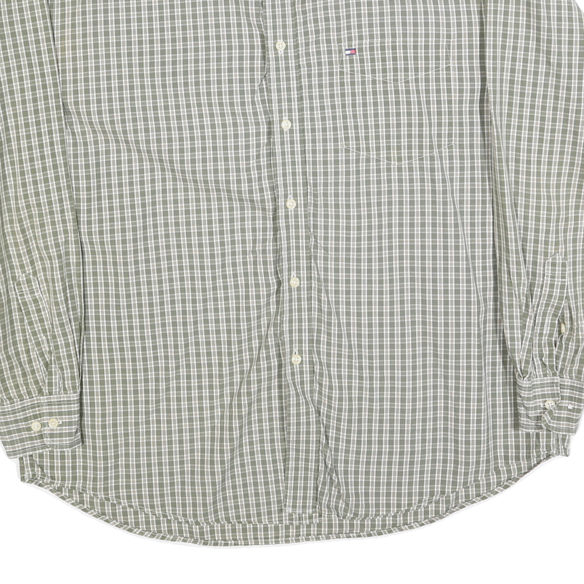TOMMY HILFIGER Mens Green & White Checked Shirt L Classic Cotton Button Down