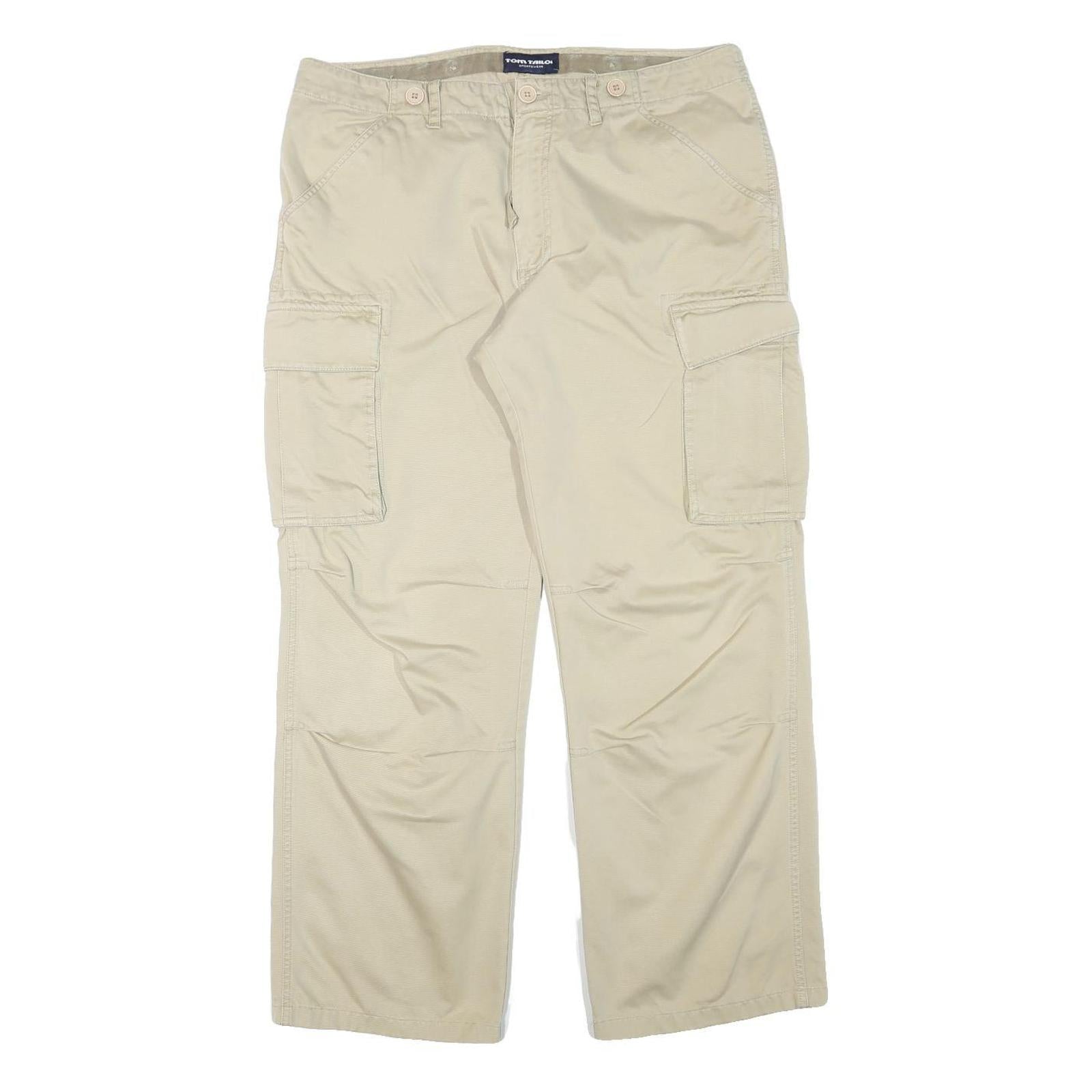TOM TAILOR Mens Cotton Blend Beige Relaxed Cargo Trousers W36 L29 Casual Utility