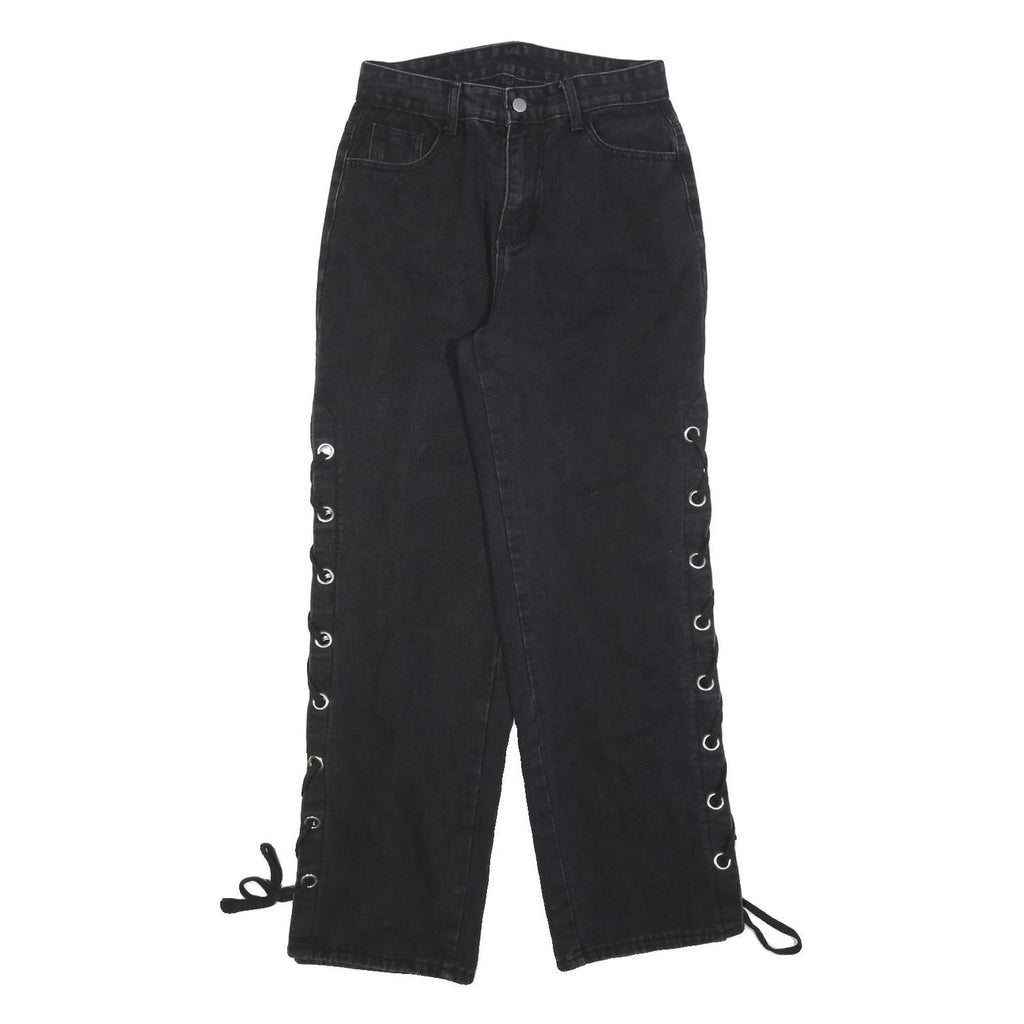 ROMWE Womens Jeans Black Relaxed Straight Denim Medium W26 L29 Lace-up Side